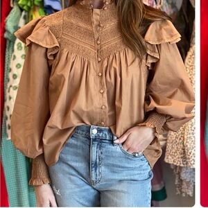 Elegant Women's Smocked Blouse in Tan